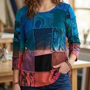 Arvanti Artsy Patchwork Mixed Media Long Sleeve Top Avant Garde Y2K Eclectic